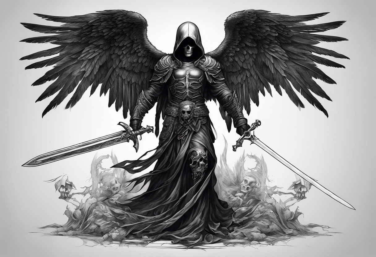 realistic full body of black angel of death, no face, face is not visible, with wings holding only one sword in both hands, the edge of the sword is killing the skull, skull is on the ground tattoo idea