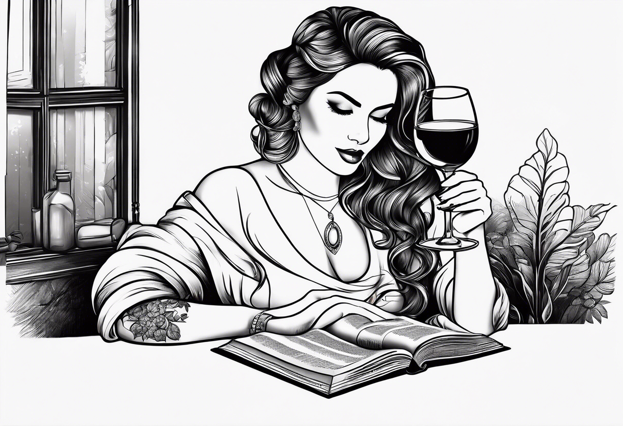 A women drinking wine and reading a book tattoo idea