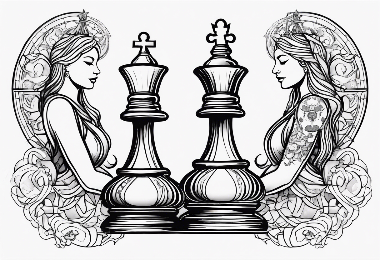 chess queen piece contour with two pawns on her side with spiritual patterns around tattoo idea