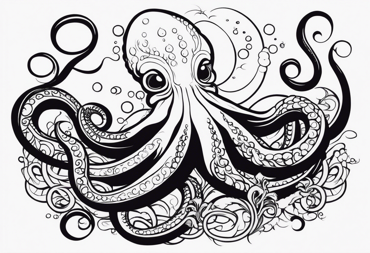 Tribal half sleeve. octopus surrounded by ribbons of water waves filled with fish. the octopus has no eyes. Use thick lines only with less detail. tattoo idea