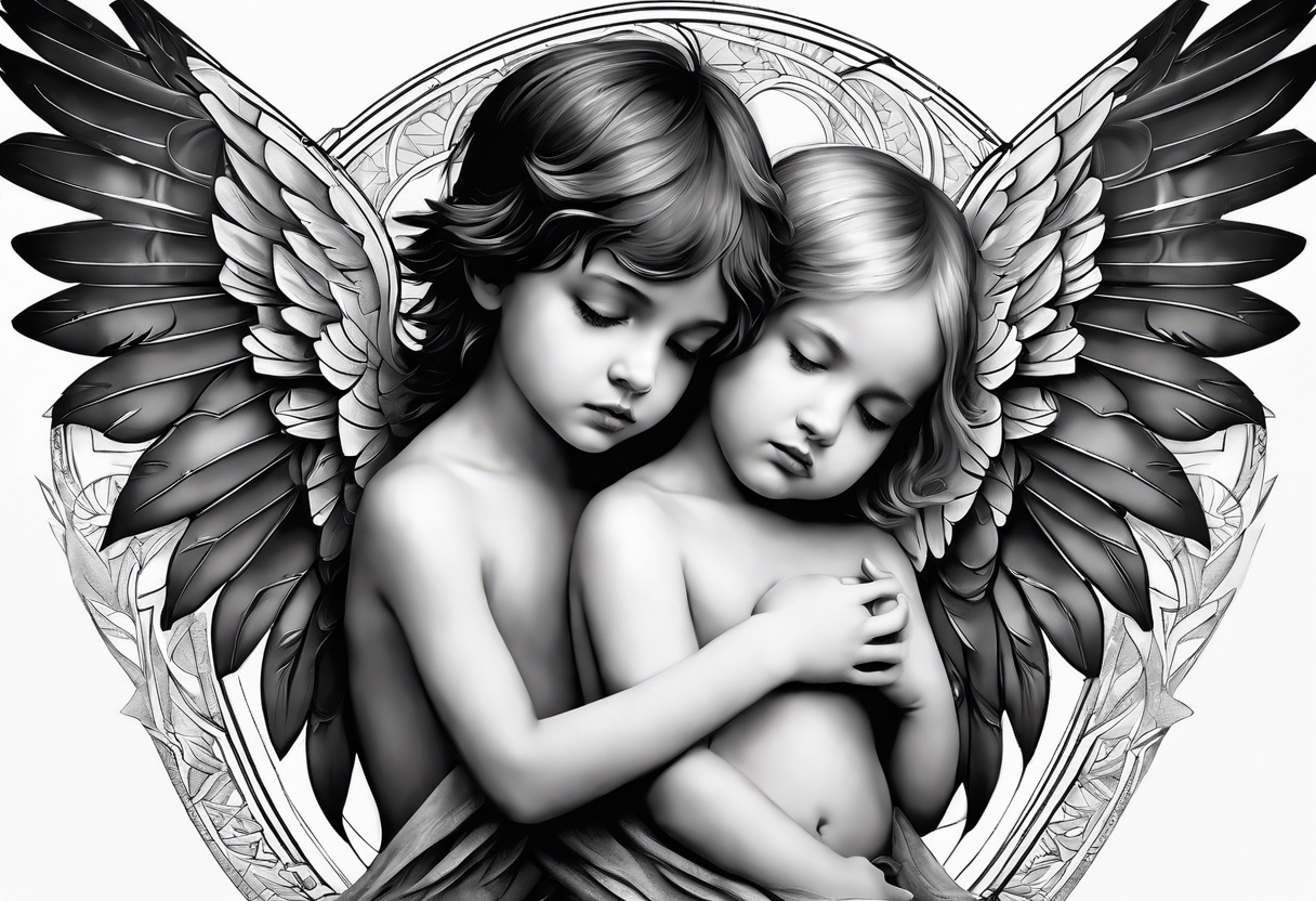 The two boy angels are on either side of the girl angel, with their wings gently enfolding tattoo idea