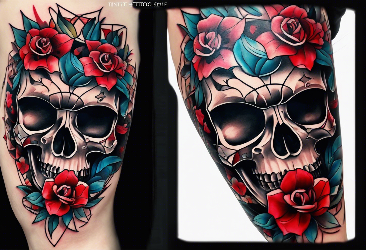 Skull Knee tattoo with flowers and geometric shapes, tints of red tattoo idea