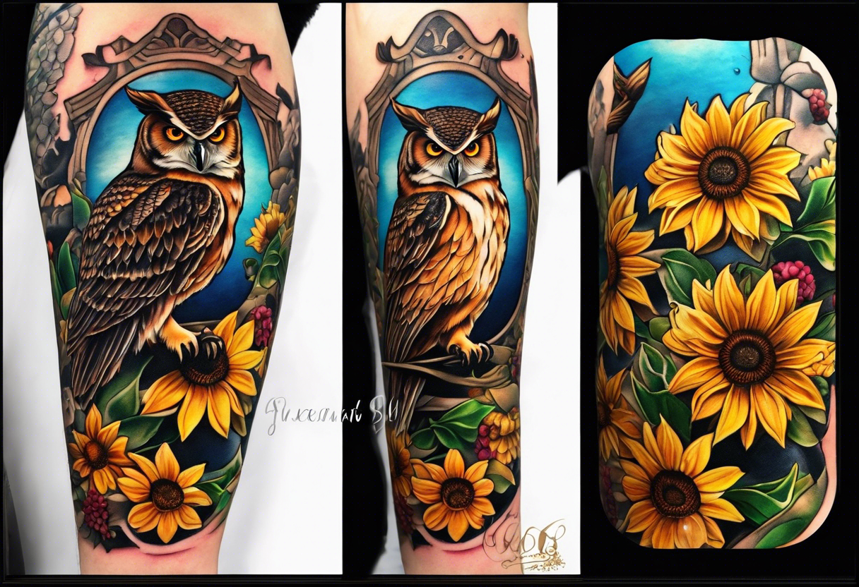 A lower forearm sleeve full colour owl light house with honeycomb filler. With sunflowers pinecone, honey suckles and sweet pea flowers. tattoo idea