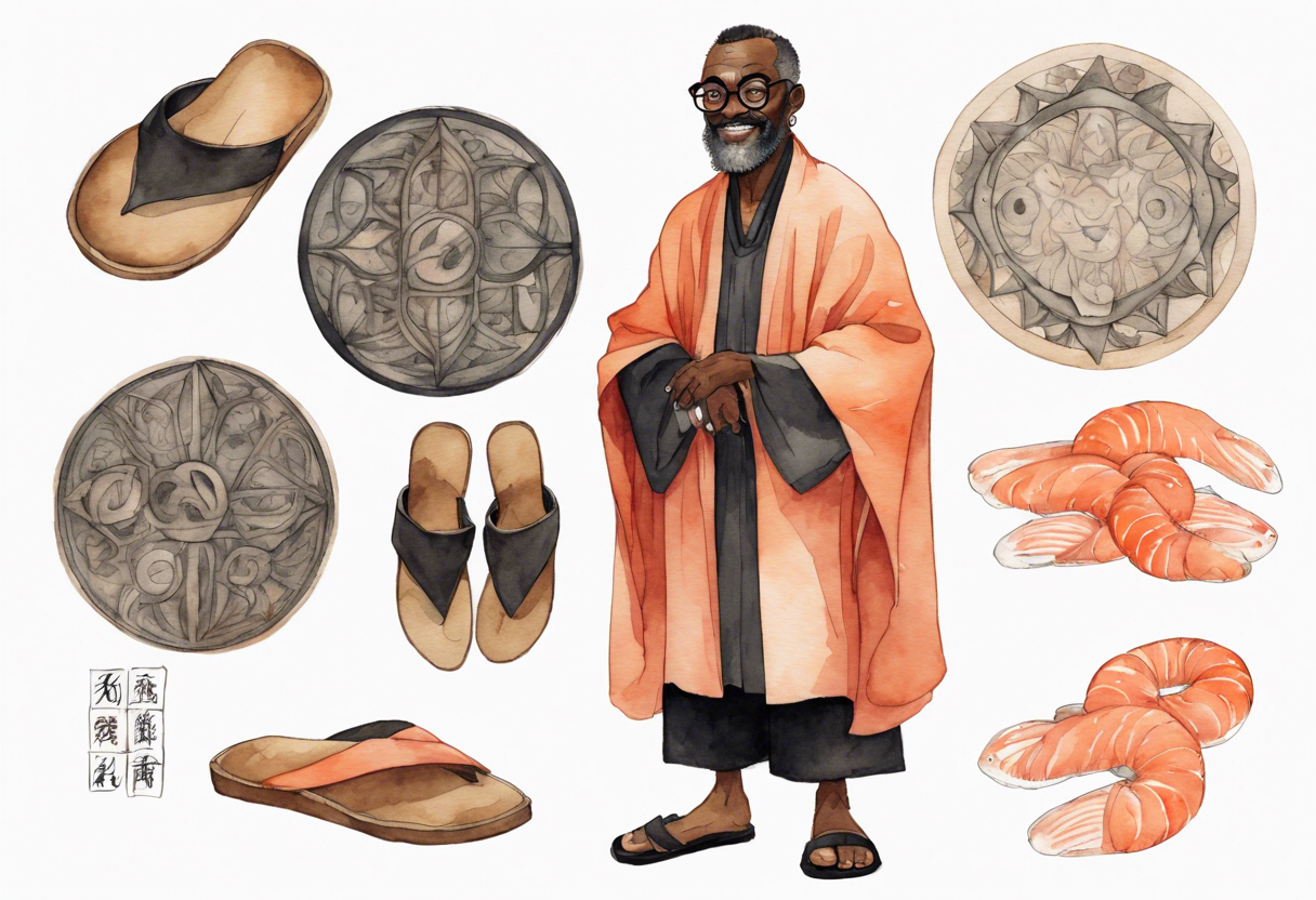 a middle-aged medieval black man wearing round glasses, wearing salmon cloak over a black tunic, wearing sandals tattoo idea