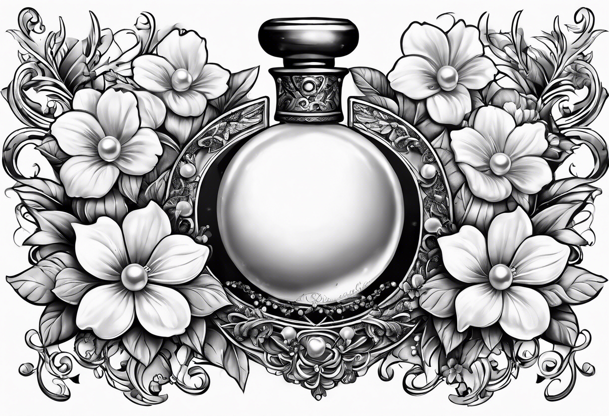 Pearl necklace wrapped around 1950s perfume bottle with flowers and bows surrounding tattoo idea