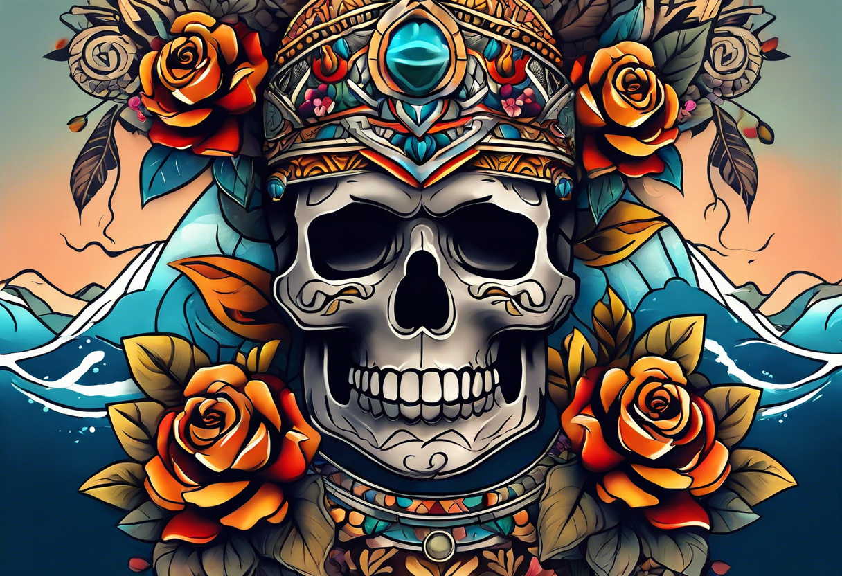 Front knee tattoo with fall colors, small flowers, rose, mayan style skull, leaves, blue water flows with washes and background tattoo idea