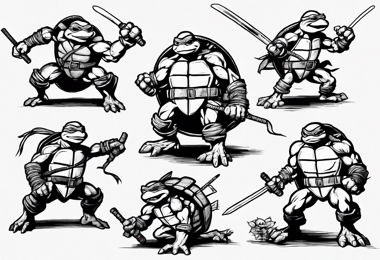 all four teenage mutant ninja turtles fighting enemies in a cityscape tattoo idea