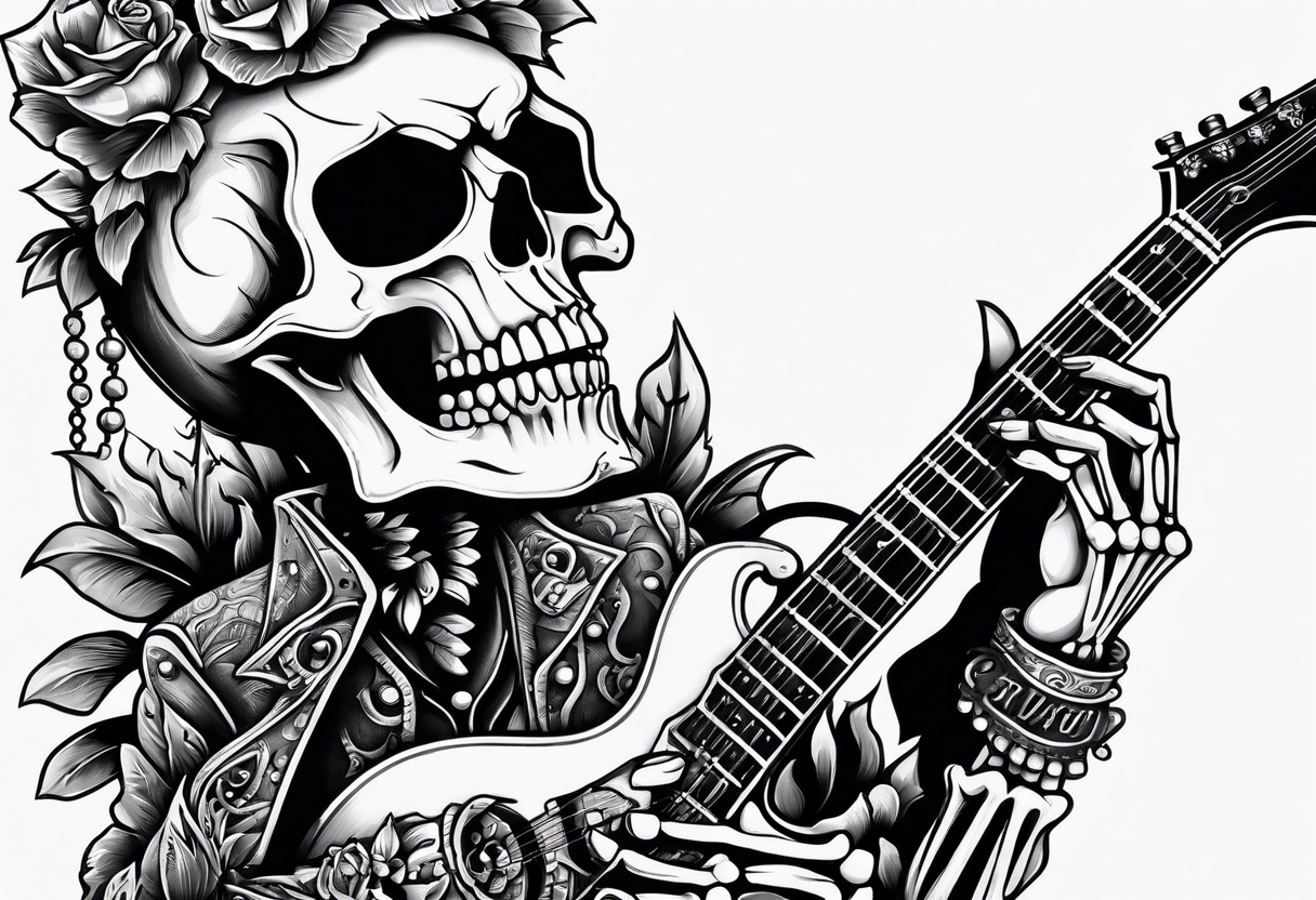 skeleton holding a guitar rock and roll punk rock singer tattoo idea