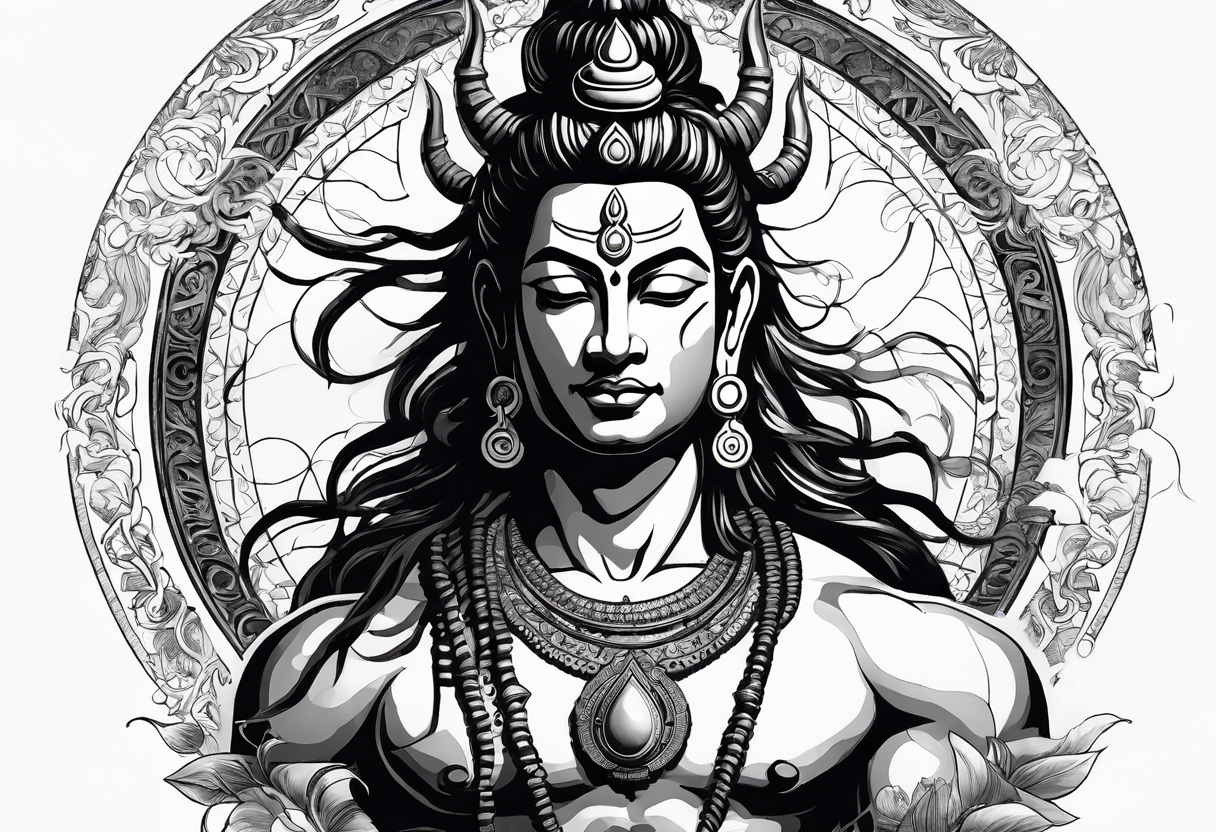 envision Shiva in a dynamic pose, surrounded by symbols representing adventure and karma, with flowing elements to signify your go-with-the-flow attitude. tattoo idea