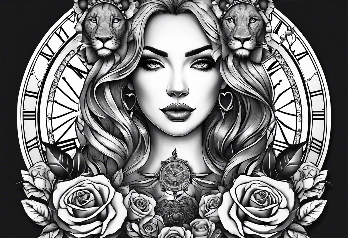 Women holding a mechanical heart roses, time watch, lion, strength tattoo idea