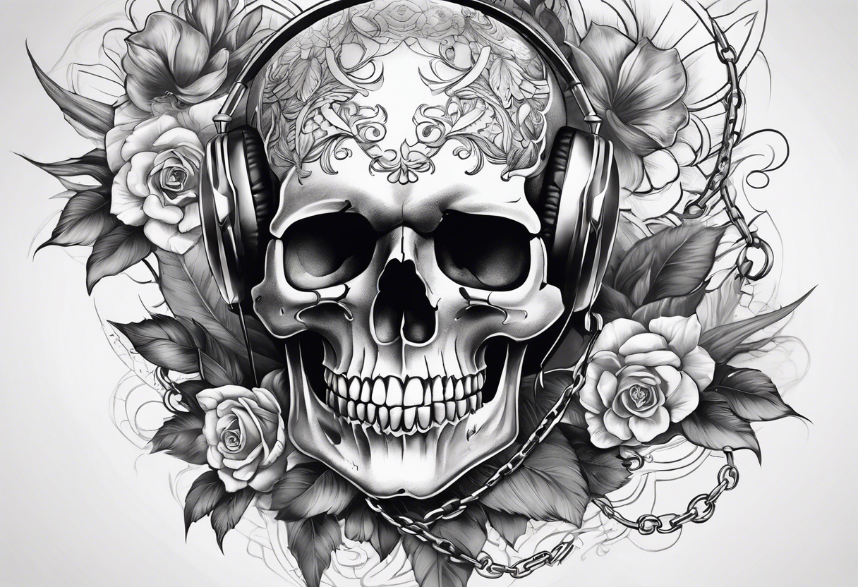 Draw me a skull with smoke out of his mouth add some flowers underneath with some ornamentals and Chains under it tattoo idea