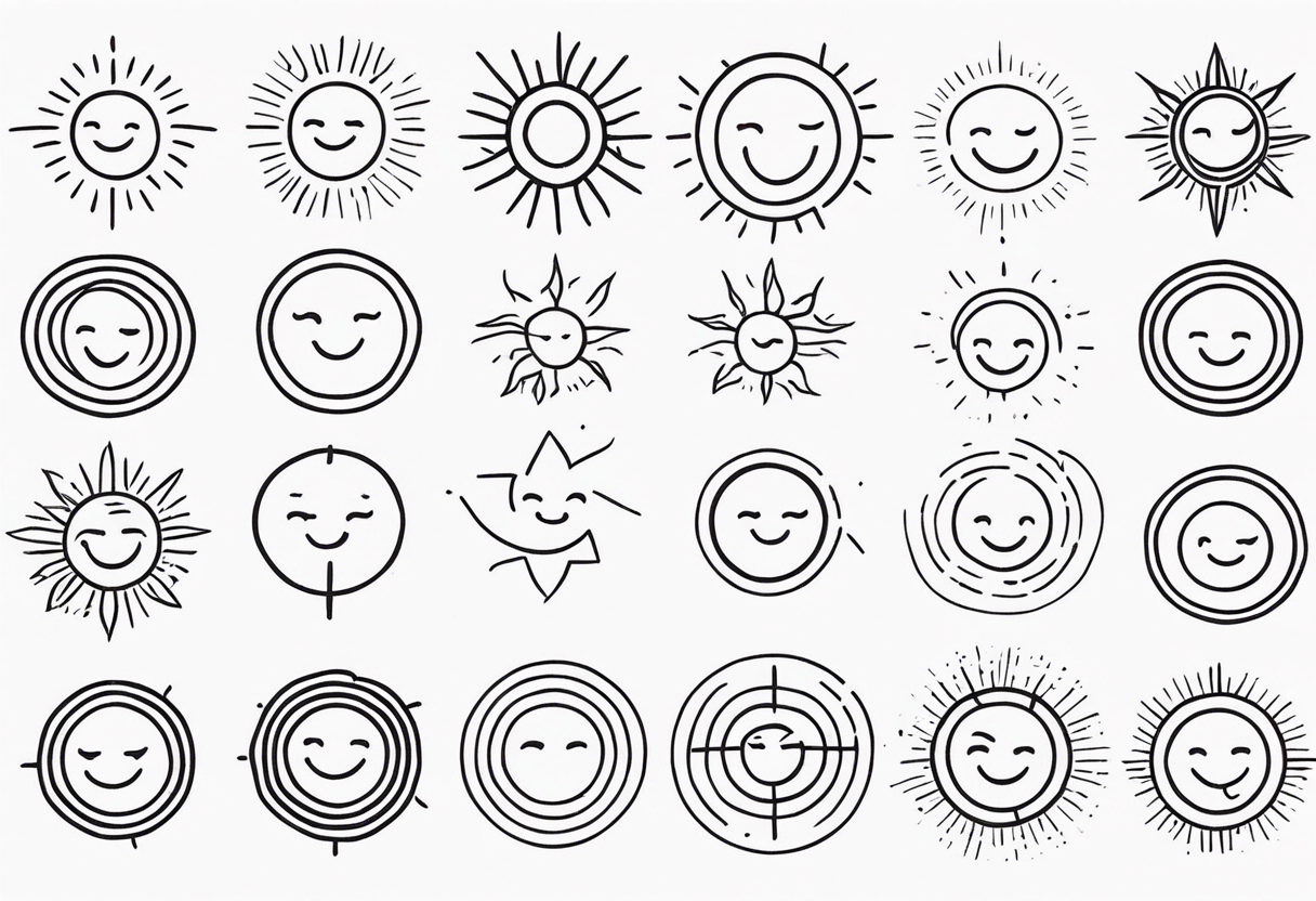 black tiny simple sun. a circle with simple strings. tiny smiley in the sun. thin lines. tattoo idea