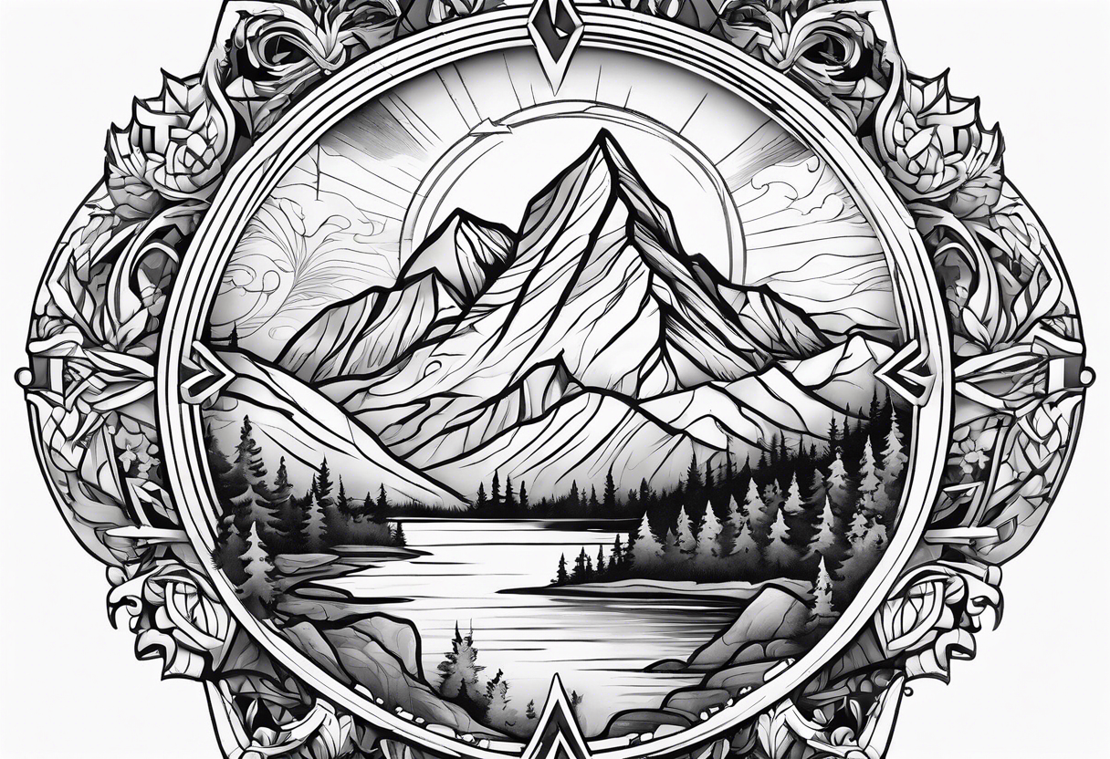 Feminine adventure, mountain scape, compass, cover-up tattoo idea