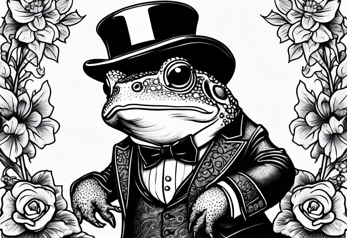 Cute toad standing on back legs  in a top hat and a formal suit holding flowers to go on a date tattoo idea