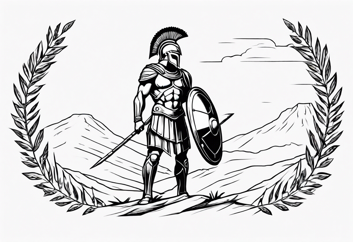 rectangular landscape format ultra-fine line linework vector of a spartan from the side, spartan spear, spartan shield, laurel wreath tattoo idea