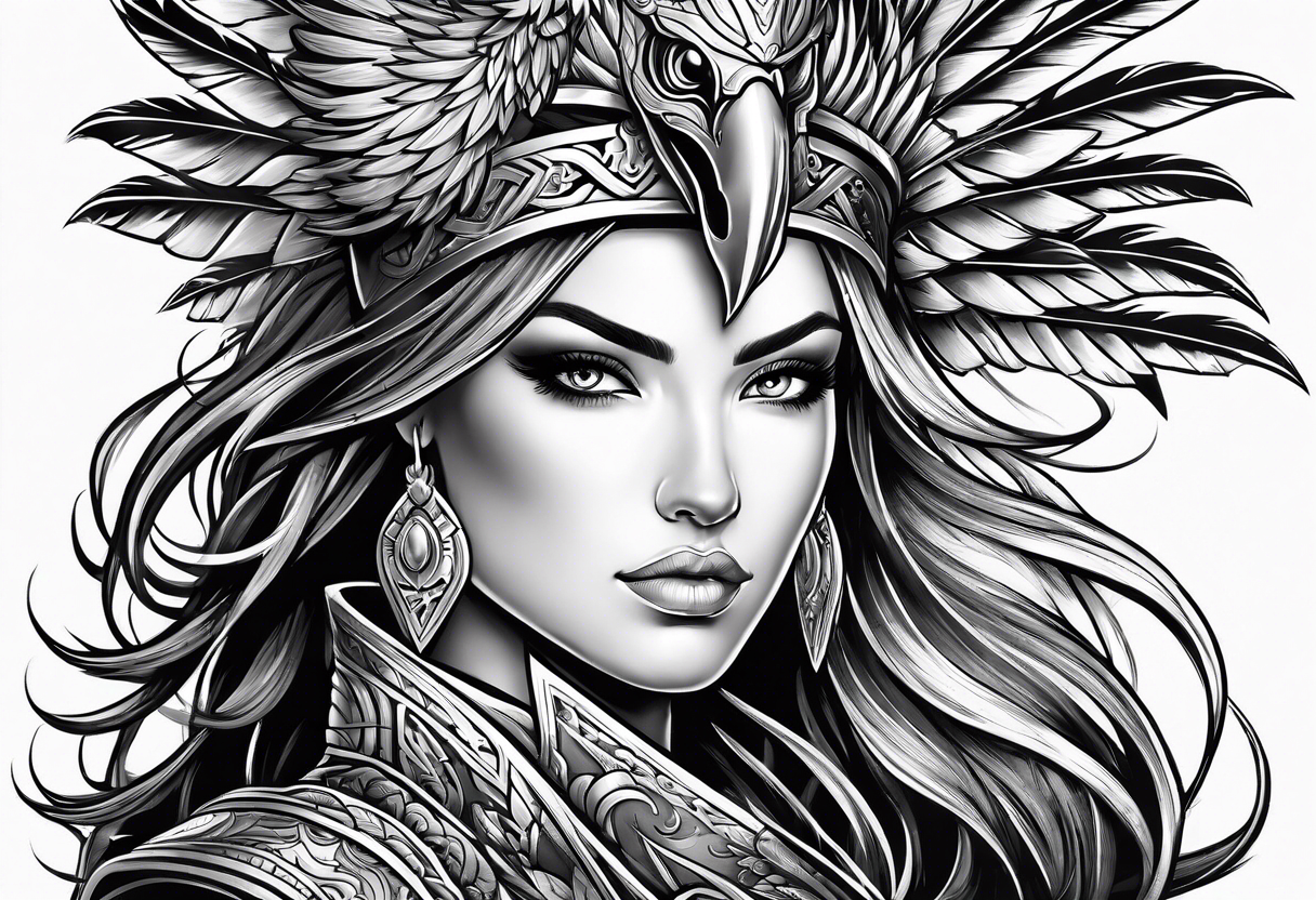 female warrior with phoenix and weapons tattoo idea