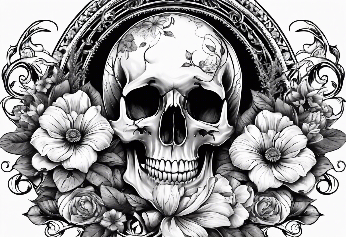 roller coaster track going around human skull, a deer skull, and flowers tattoo idea