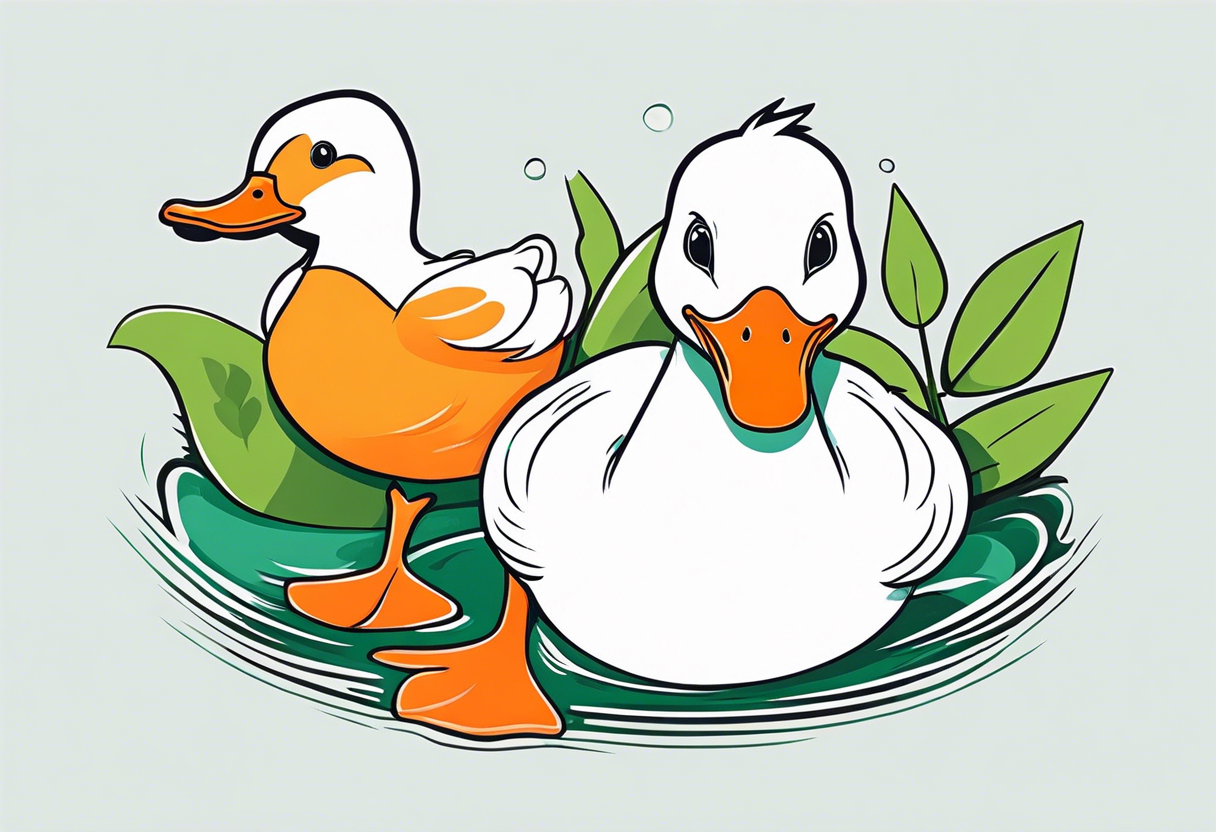 A white Duck with orange feet and a green toad playing together in a pond tattoo idea