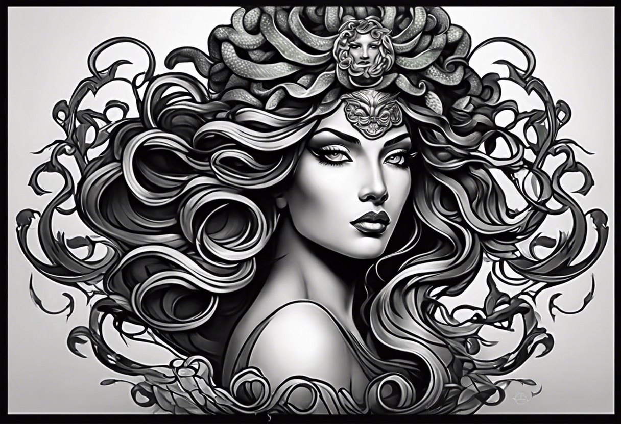 Medusa head with a mysterious expression, capturing both her allure and danger. Blend dream-like qualities with the striking figure of Medusa. tattoo idea