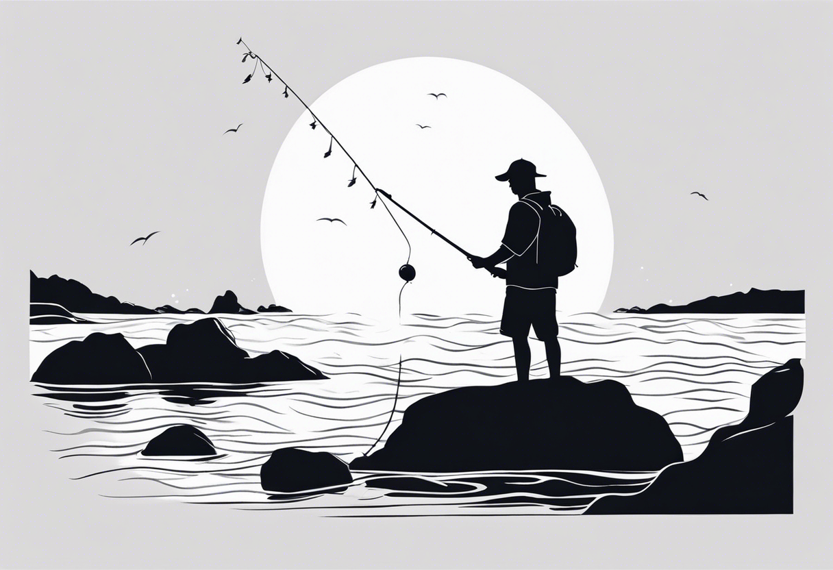 man fishing on a rocky beach silhouette tattoo idea