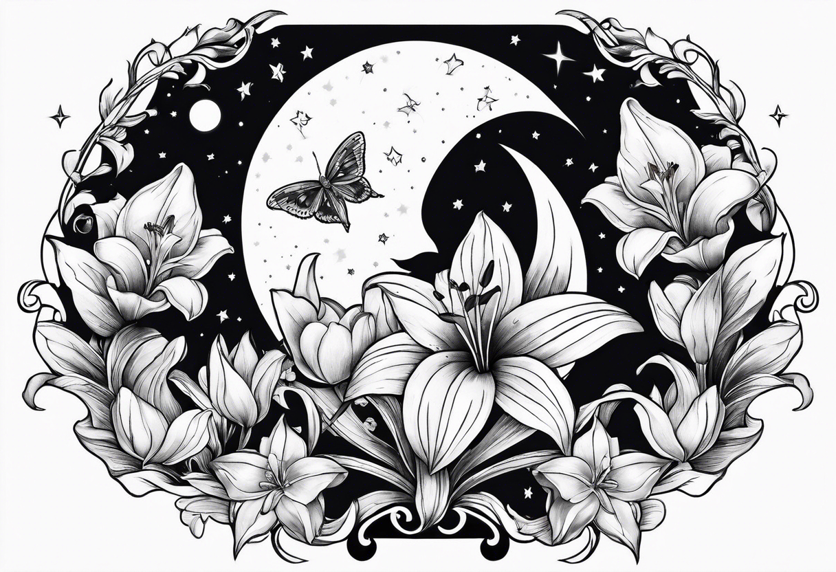 Small moon and stars with a moth and lily flowers tattoo idea