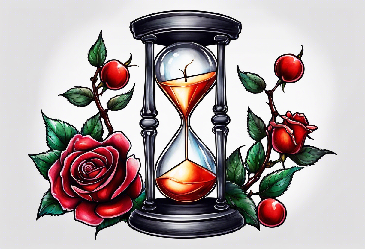 Rose beside hourglass with cherry tree tattoo idea