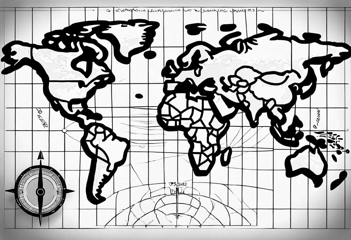 a flat map of the earth on a small fading grid with one small compass in the corner that would go on a left pec tattoo idea