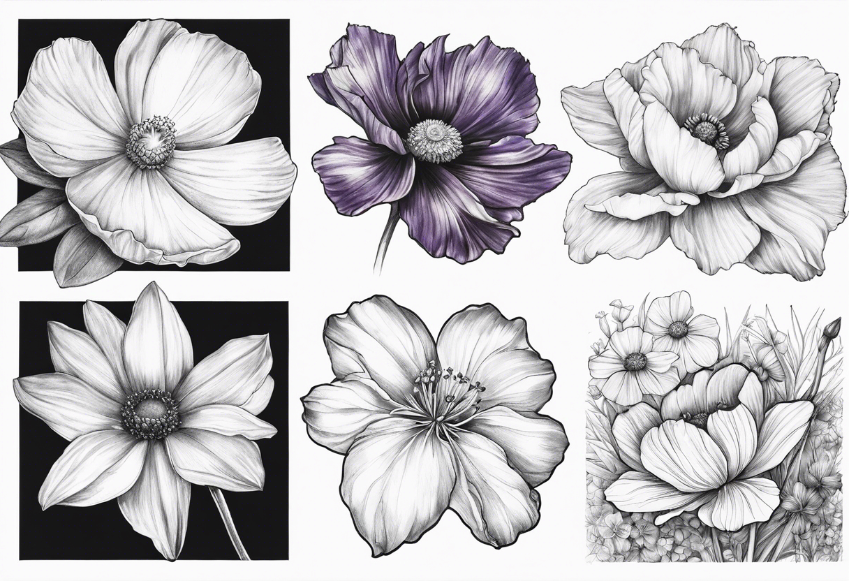 1 cosmos flower, 1 iris, 1 larkspur, 1 daisy, 1 poppy tattoo idea