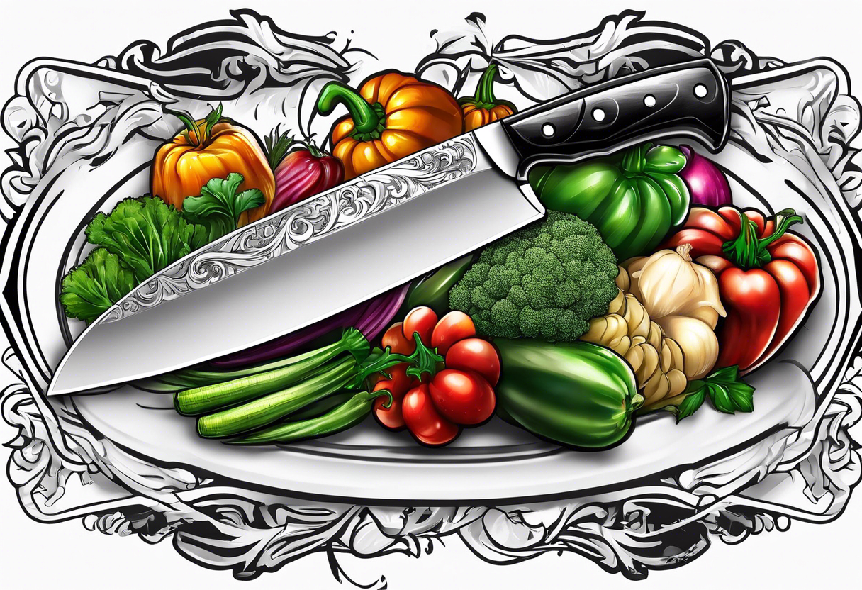 simple Chef knife with vegetables inside blade tattoo idea