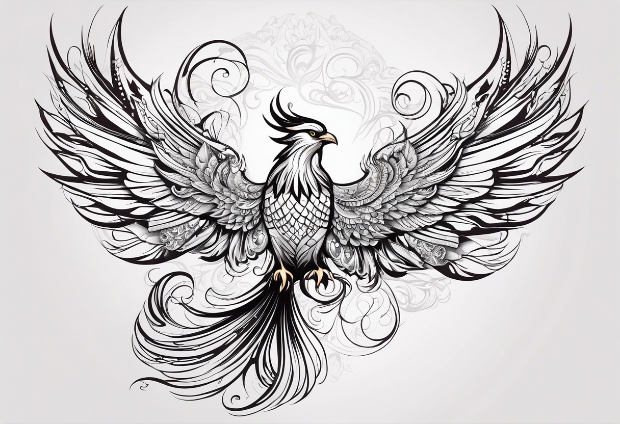 russian firebird phoenix in-flight with very long fancy tail with Yarilo symbol tattoo idea