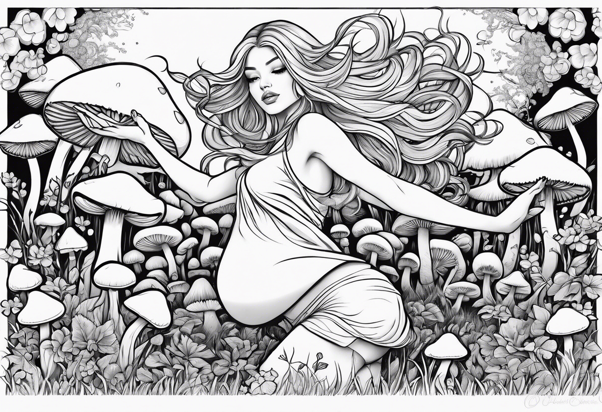 Blonde chubby Girl dancing in field of mushrooms tattoo idea