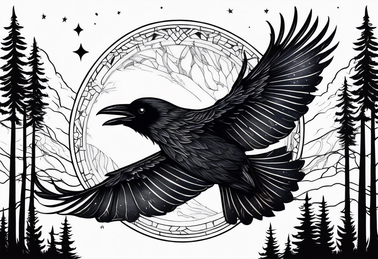 Raven swooping, occult, mystical, knowing, light behind its eyes, ethereal, night sky and trees in the background tattoo idea