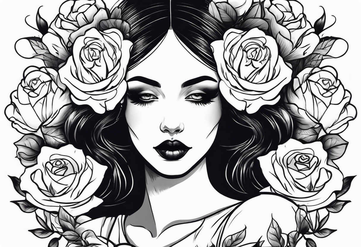 mime girl in white dress surrounded by roses tattoo idea