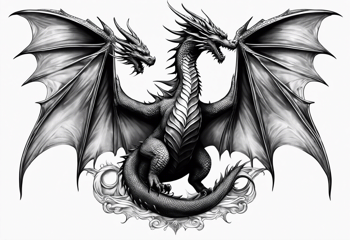 Mother dragon wings spread standing over her three young dragon babies tattoo idea