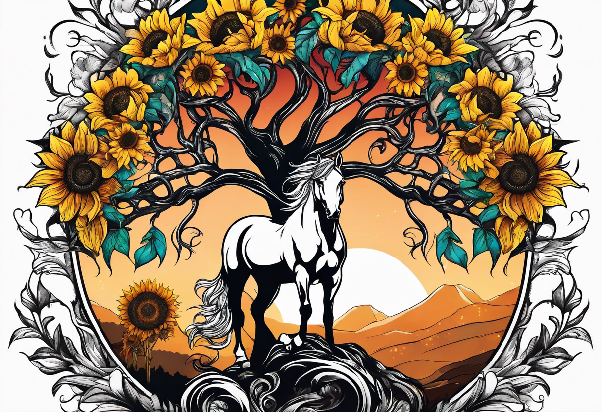 Yggdrasil tree, horse in front of it, and sunflowers tattoo idea