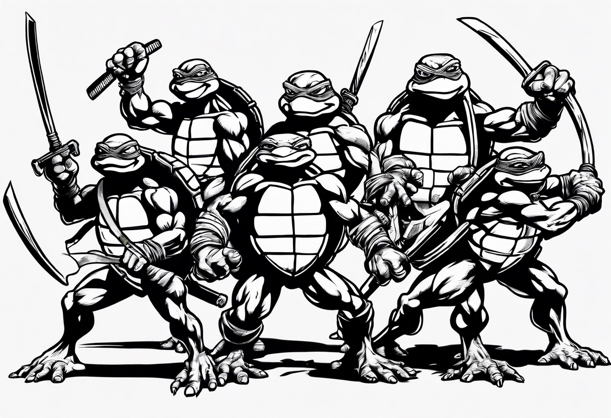 all four teenage mutant ninja turtles fighting enemies in a cityscape tattoo idea