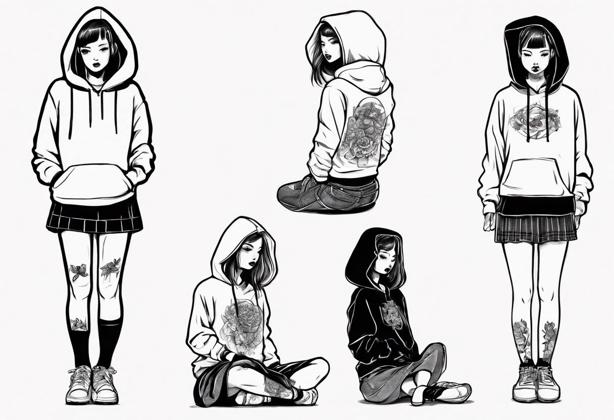 A person in short skirt wearing a hoodie with her legs crossed tattoo idea