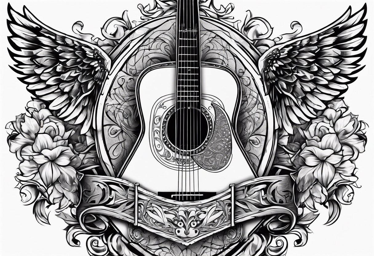 Detailed Christian Cross with acoustic guitar blended in tattoo idea