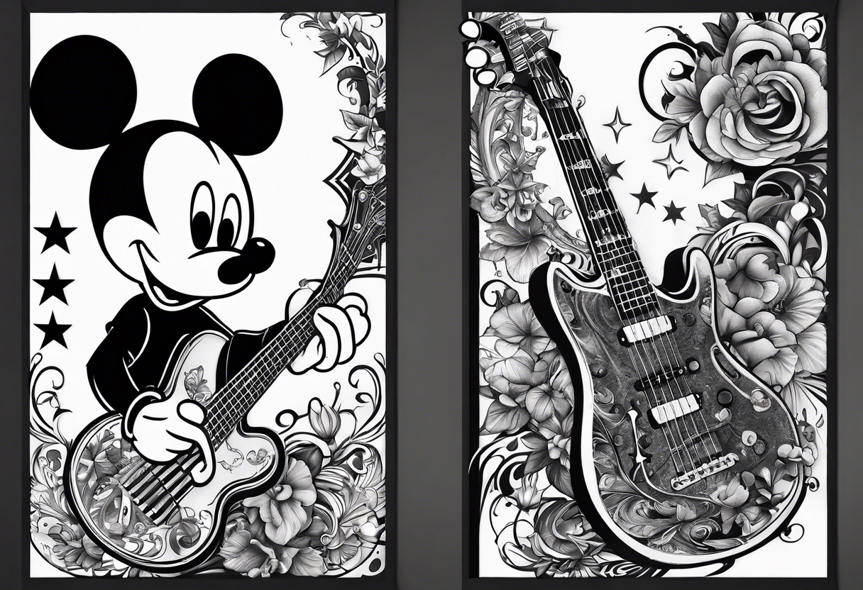 Collage for full sleeve with:
2 stars, 
1 quarter moon, 
a bass guitar, 
a caduceus symbol and 
a mickey mouse shadow tattoo idea