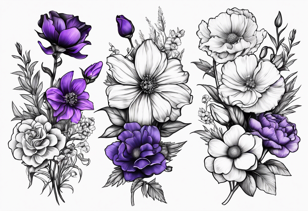 one larkspur, one carnation, one violet, one daisy and tied together with bow tattoo idea