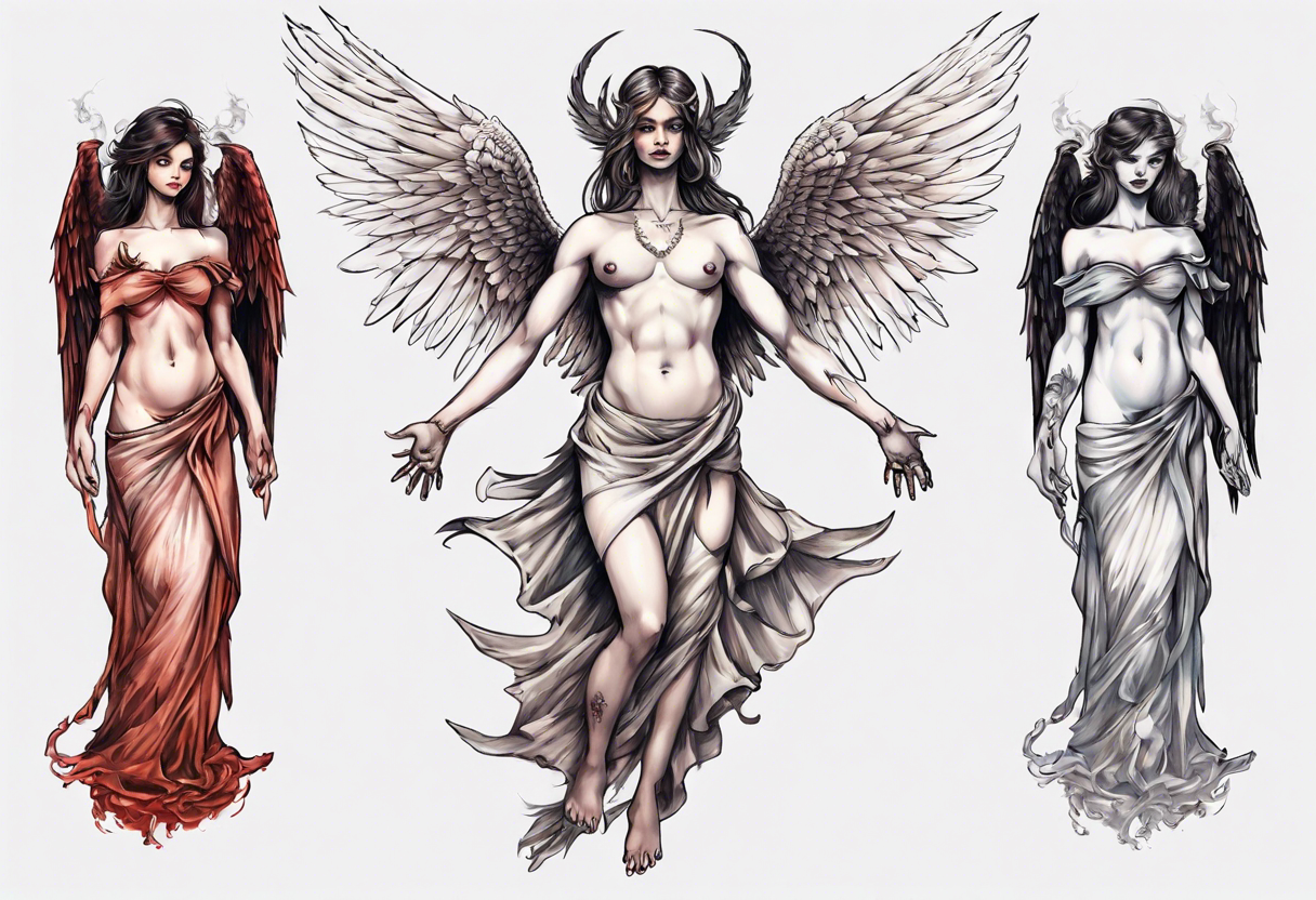 Demon holding an angel around her waist with her halo in his hands. He has angel wings, she has demon wings. tattoo idea