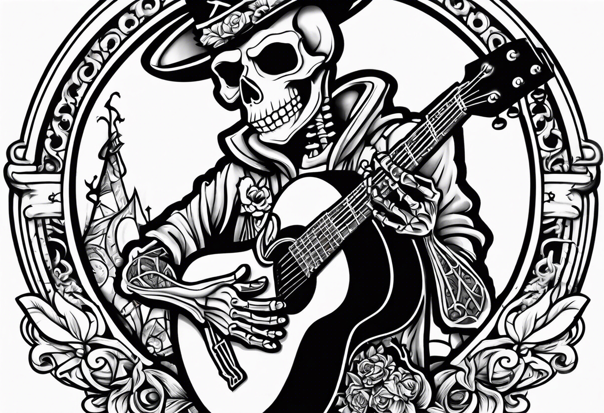 skeleton holding a guitar rock and roll punk rock singer scooby doo tattoo idea