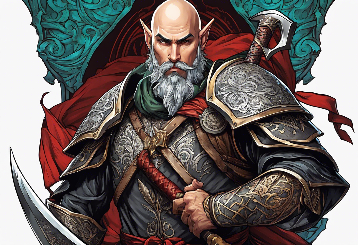 a full-body picture of a 30-year-old, human elf, bearded bald male, paladin, holding a battle axe, tattoo idea