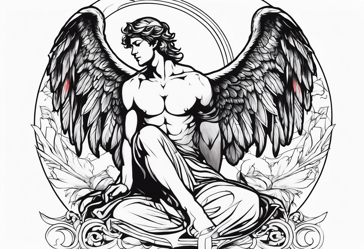 male angel with wings and a halo sitting peacefully casting tattoo idea