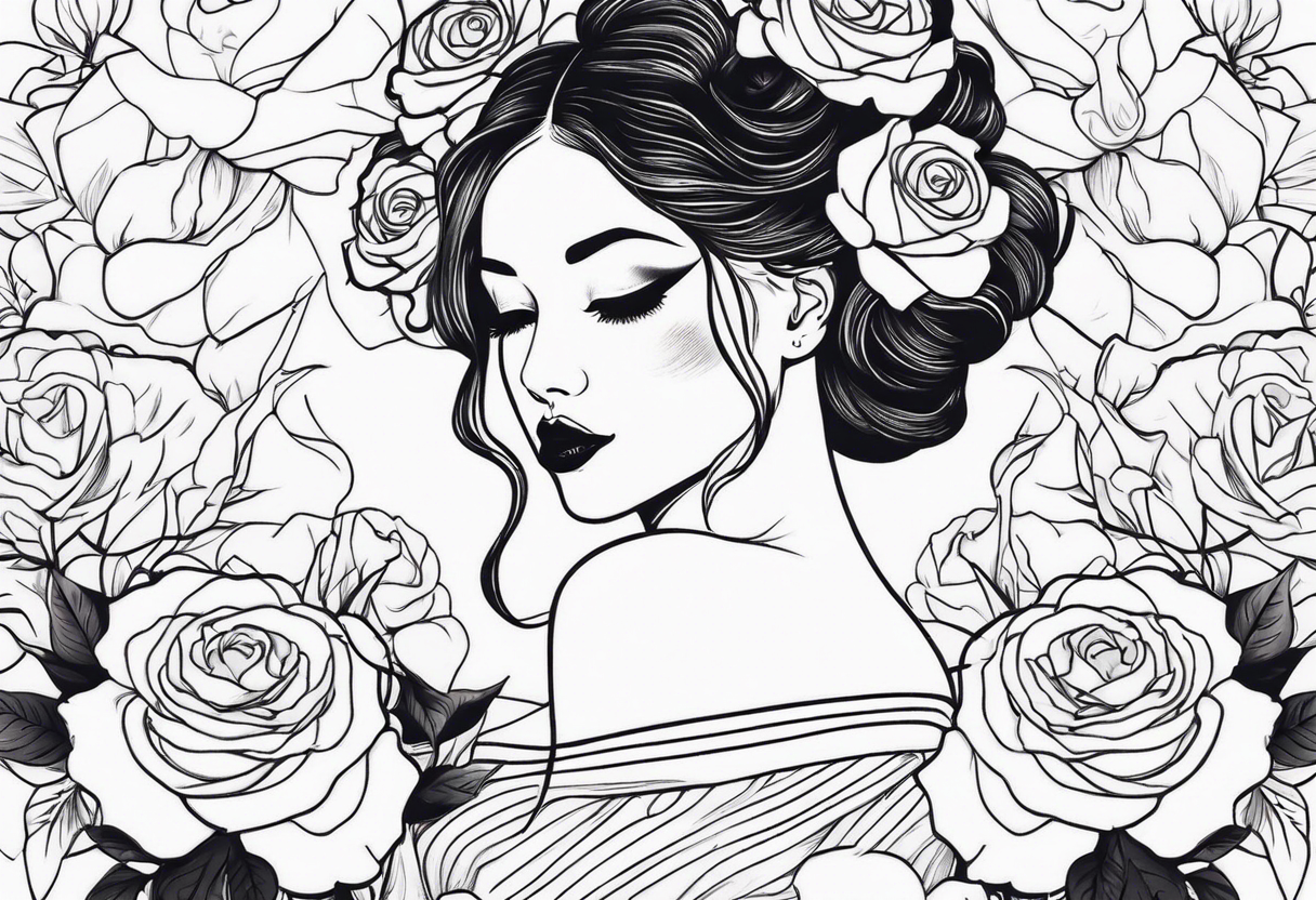 mime girl in white dress surrounded by roses tattoo idea