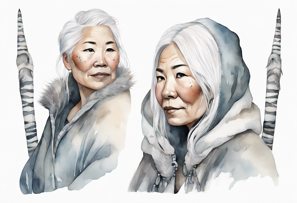 a 45-year-old Inuit woman with white  hair wearing a white and grey cloak with a large narwhal tattoo idea