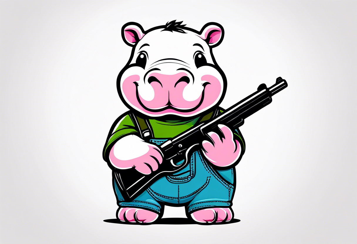 Baby hippo wearing overalls and holding a pistol tattoo idea