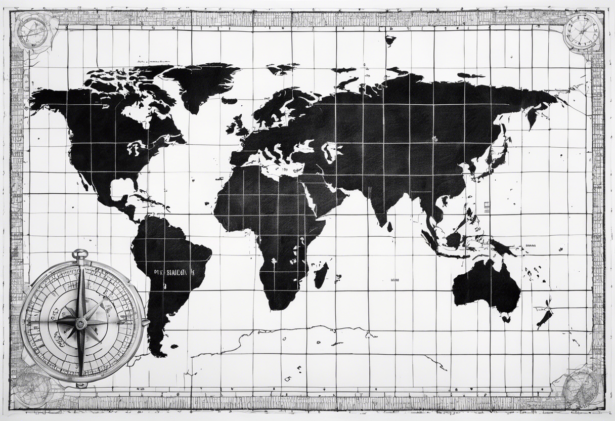 a flat map of the earth on a small fading grid with one small compass in the corner that would go on a left pec tattoo idea