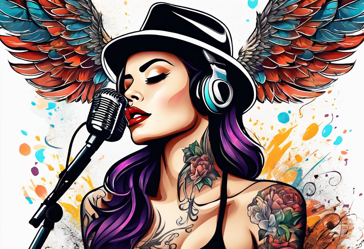 Microphone and musical notes and guitar and wings and country singer tattoo idea