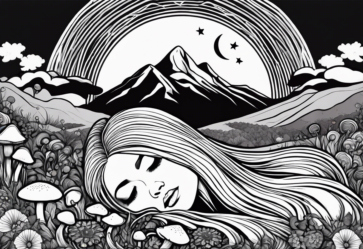 Straight blonde hair girl in black and white striped dress sleeping backward facing
in a field of mushrooms with mountains s
and crescent moon mandala background tattoo idea